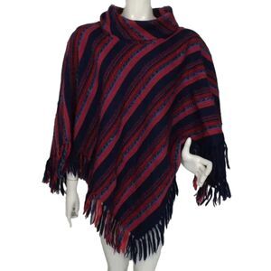 AROLAN KUTOMO Poncho, OS, Red/Blue Stripes, Textured Wool, Fringe